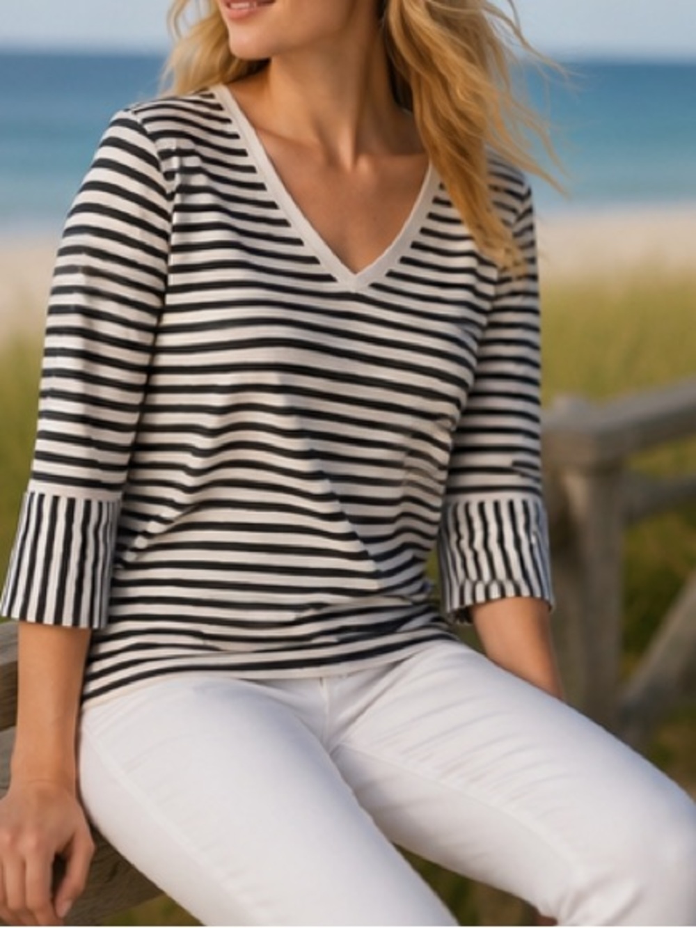 White + Warren striped v neck cotton top 3/4 sleeves nautical preppy Size L